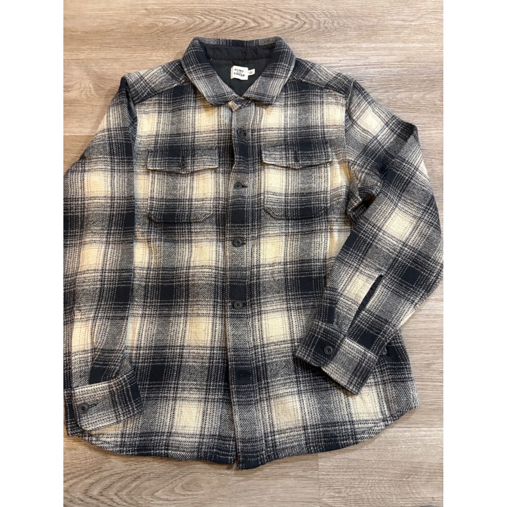 Flint and Tinder Quilted Flannel Shirt Jacket Black Cream Plaid Large L
